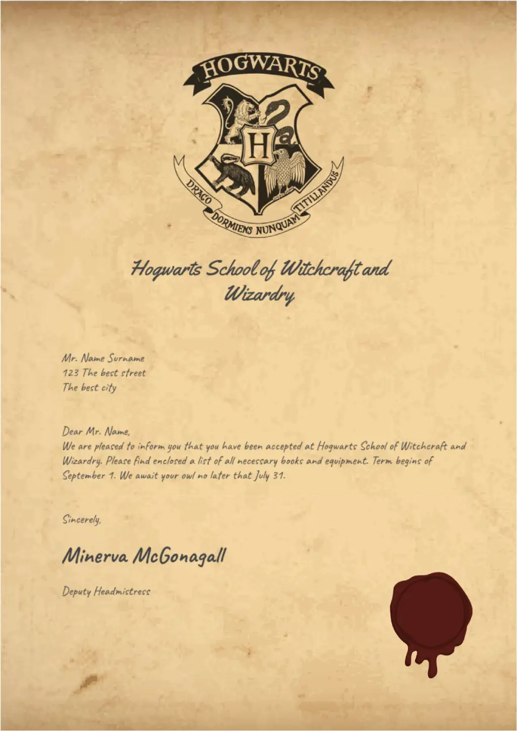 Hogwarts Acceptance Letter Template for Google Docs