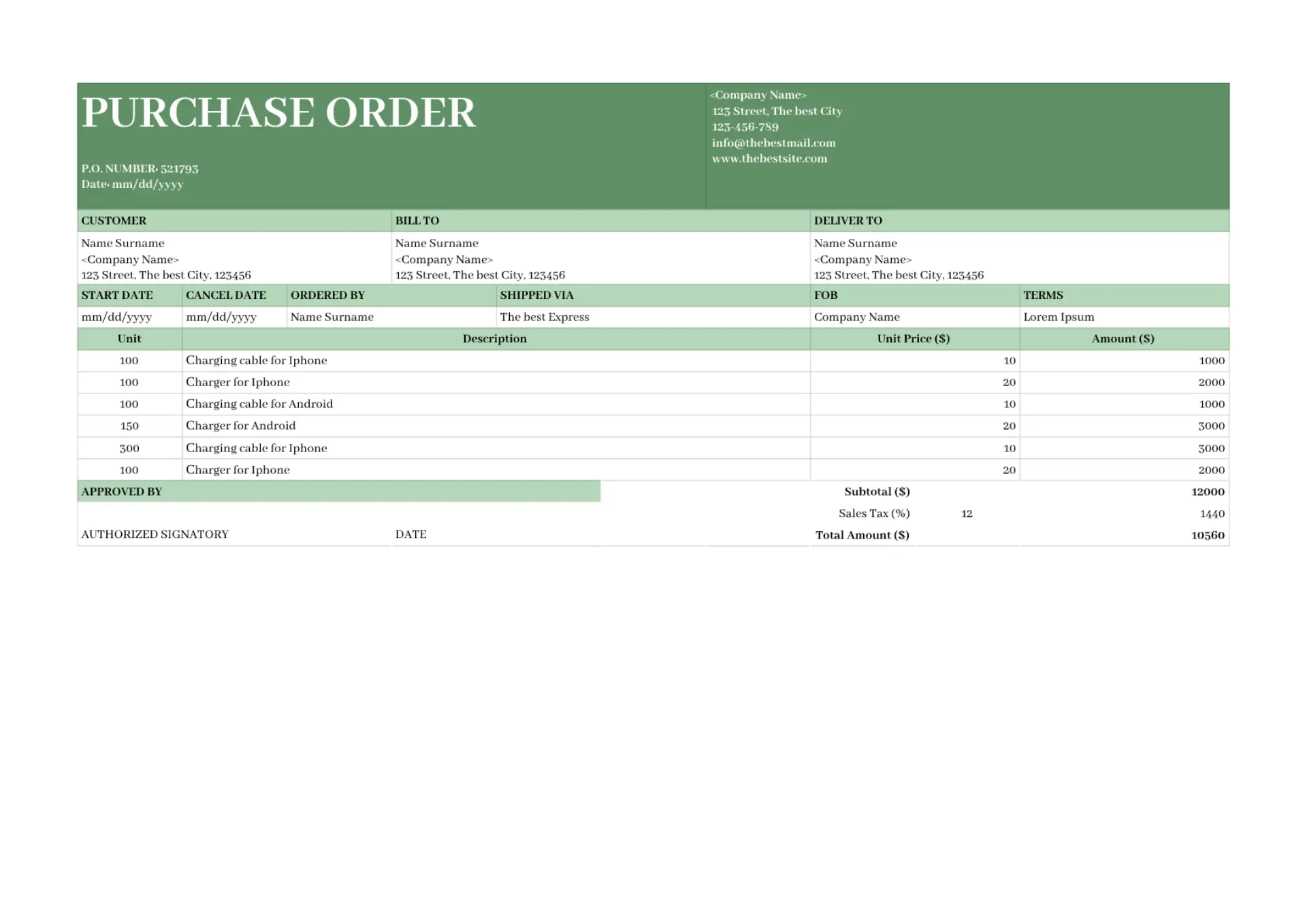 Purchase Order Template for Google Sheets